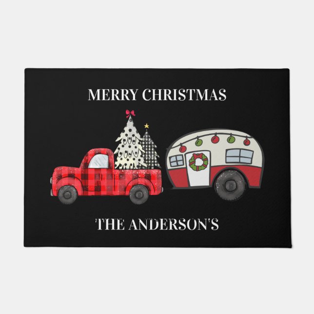 Vintage Camper Red Truck Christmas Doormat (Front)