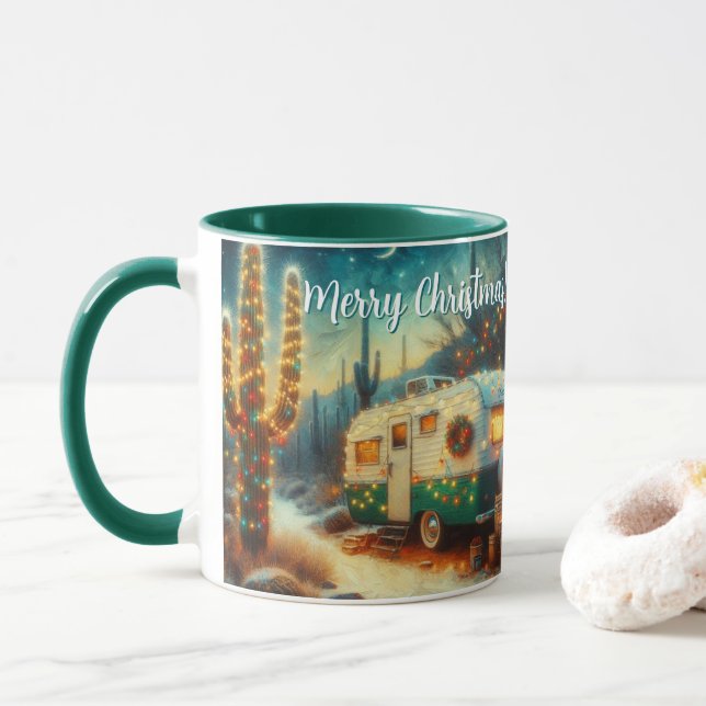 Vintage Camper Saguaro Cactus Christmas Blue Green Mug (With Donut)
