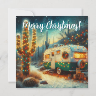 Vintage Camper Saguaro Cactus Christmas Card