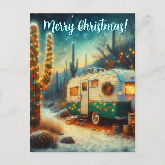 Vintage Camper Saguaro Cactus Christmas Desert Postcard (Front)
