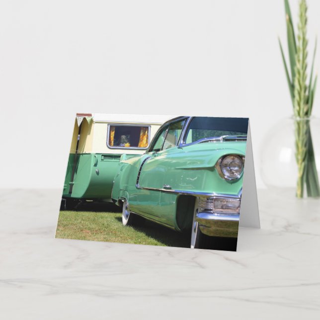 VINTAGE CAMPER TRAILER & CLASSIC CAR BIRTHDAY CARD (Front)