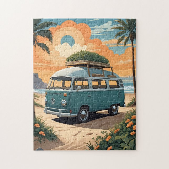 Vintage Camper Van Beach Sunset Illustration Jigsaw Puzzle (Vertical)