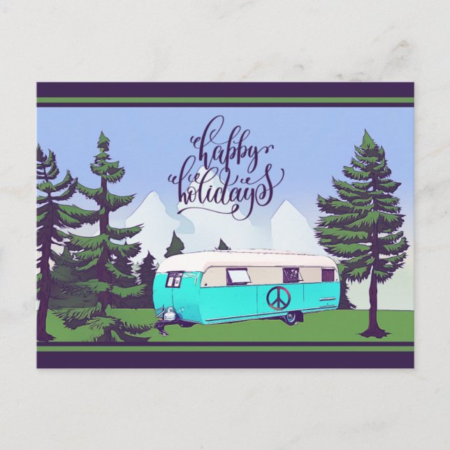 Vintage Camper with Pines Holiday Postcard (Front)
