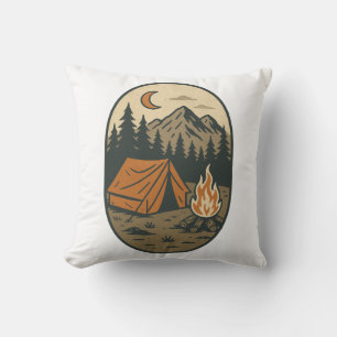 Vintage Camping Night Scene Campfire Mountains Cushion