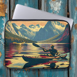 Vintage Camping Scene Man Kayaking Laptop Sleeve<br><div class="desc">Pretty vintage colours to give a nostalgic feeling to this ai illustration of a man paddling a kayak down a lake at sunset with a pretty mountain background reflecting in the water.</div>