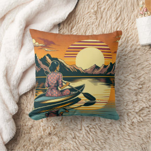 Vintage Camping Scene Woman Kayaking Cushion