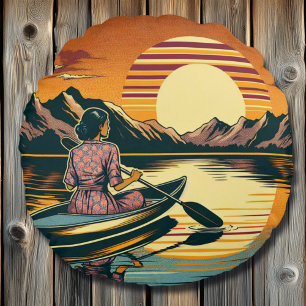 Vintage Camping Scene Woman Kayaking Round Cushion