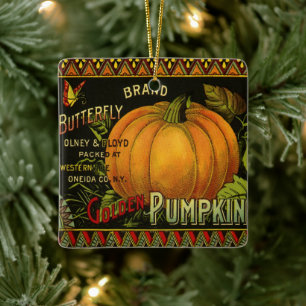 Vintage Can Label Art, Butterfly Pumpkin Vegetable Ceramic Tree Decoration