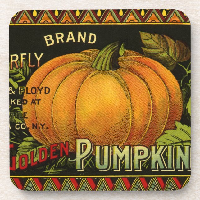 Vintage Can Label Art, Butterfly Pumpkin Vegetable Coaster (Front)
