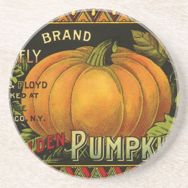 Vintage Can Label Art, Butterfly Pumpkin Vegetable Coaster (Front)