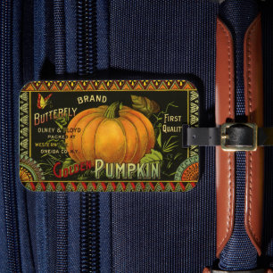 Vintage Can Label Art, Butterfly Pumpkin Vegetable Luggage Tag