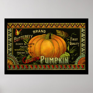 Vintage Can Label Art, Butterfly Pumpkin Vegetable Poster
