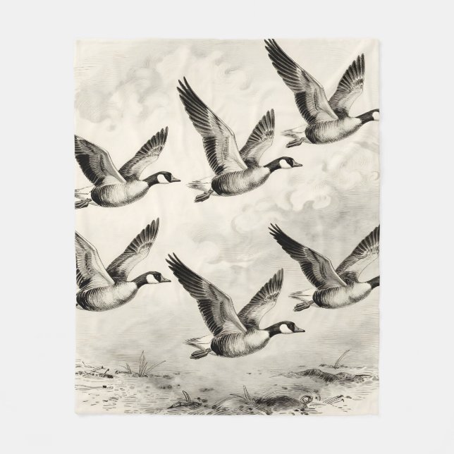 Vintage Canada Geese in Flight Engraving Fleece Blanket (Front)