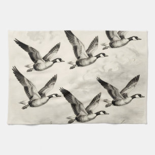 Vintage Canada Geese in Flight Engraving Tea Towel