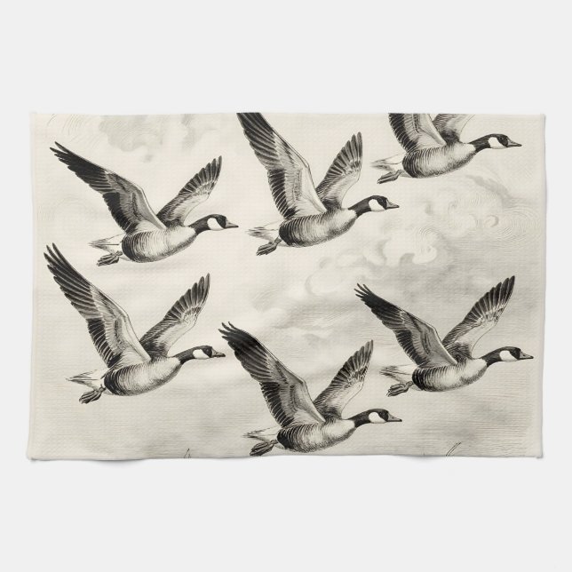 Vintage Canada Geese in Flight Engraving Tea Towel (Horizontal)