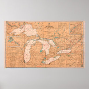 Vintage Canada Map of the Great Lakes Poster