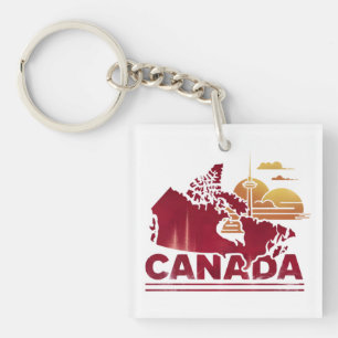 Vintage Canada Travel Country Map Maple Leaf Key Ring