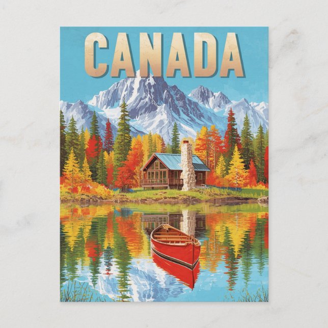 Vintage Canada Wilderness Cabin & Canoe Lake Scene Postcard (Front)