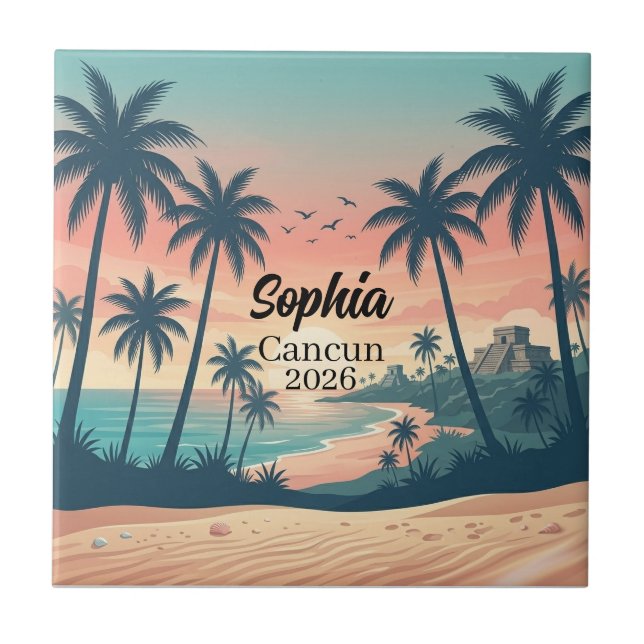 Vintage Cancun 2026 Tropical Beach Sunset Tile (Front)