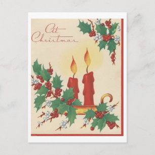 Vintage Candle And Holly Christmas Card