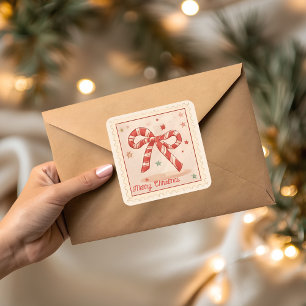 Vintage Candy Cane Bow Merry Christmas Square Sticker