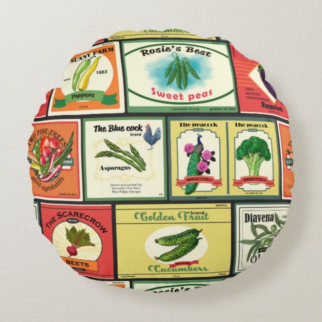 Vintage canned goods-Vegetables labels Round Cushion (Front)