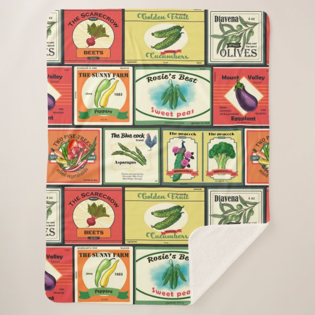 Vintage canned goods-Vegetables labels Sherpa Blanket (Front)