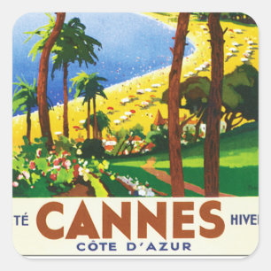 Vintage Cannes Cote D'Azur French Travel Poster Square Sticker