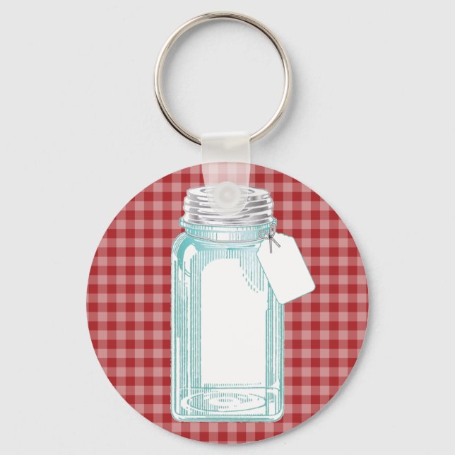 Vintage Canning Jar Red Gingham Key Ring (Front)