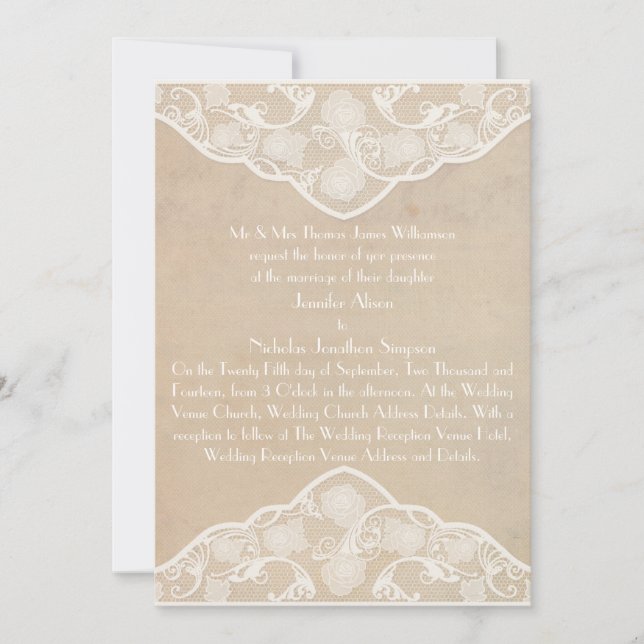 Vintage Canvas and Lace Style Wedding Invite (Front)
