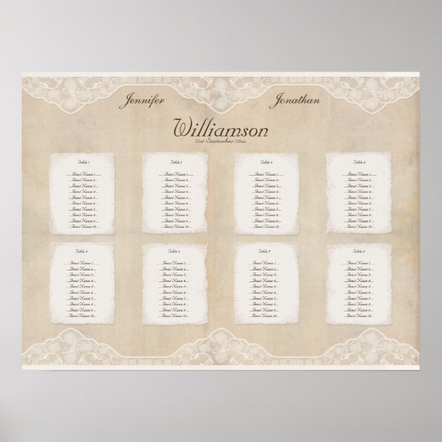 Vintage Canvas & Lace Look Seating Chart 8 Tables (Front)