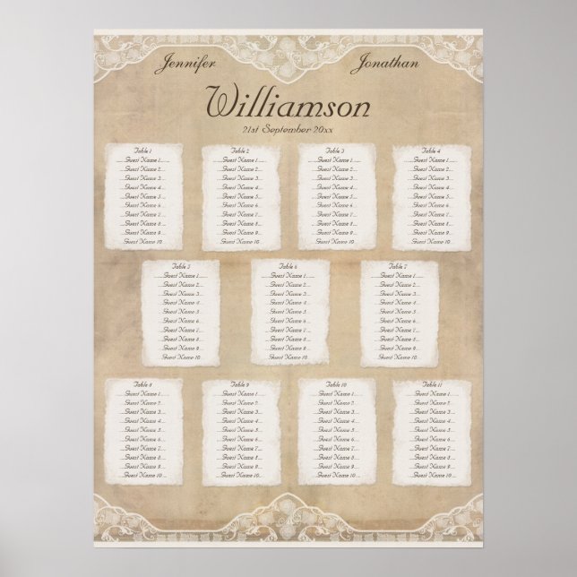 Vintage Canvas, Paper & Lace Effect Seating Chart (Front)