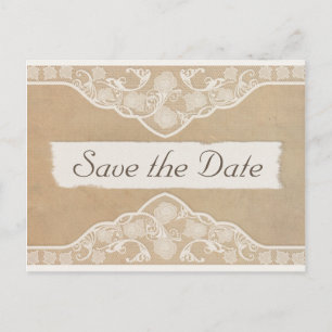 Vintage Canvas, Paper & Lace Look Save the Date Announcement Postcard