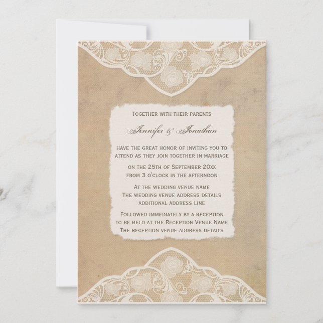 Vintage Canvas, Paper & Lace Look Wedding Invite (Front)