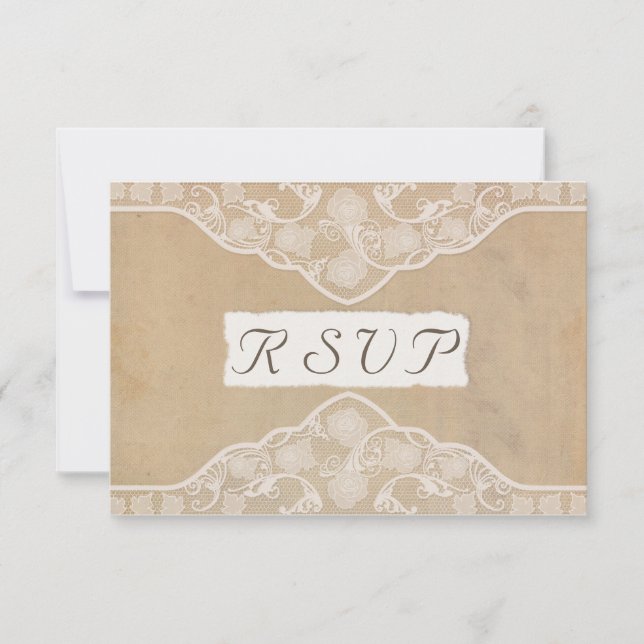 Vintage Canvas, Paper & Lace Look Wedding RSVP Card (Front)