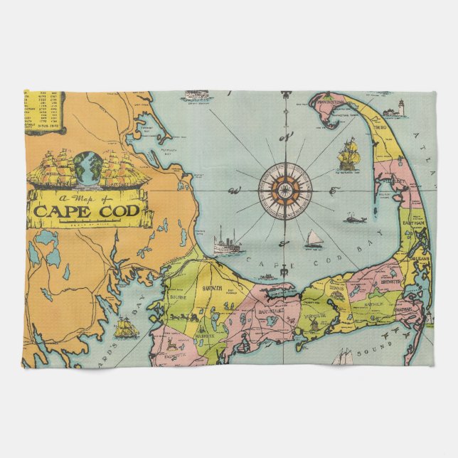 Vintage Cape Cod Map Tea Towel (Horizontal)