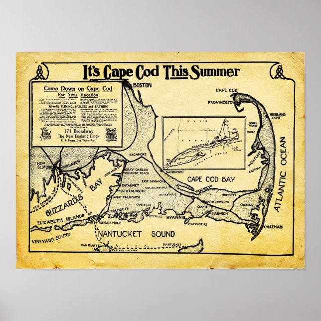 Vintage Cape Cod Travel Ad With Map Print (Front)