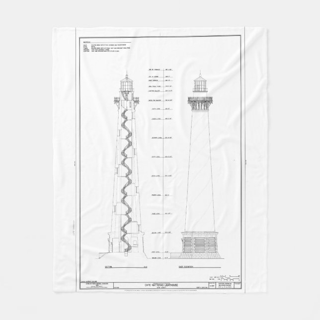 Vintage Cape Hatteras Lighthouse Blueprint Fleece Blanket (Front)