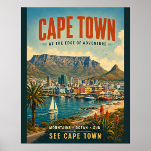 Vintage Cape Town Travel Poster with Coastal Mount