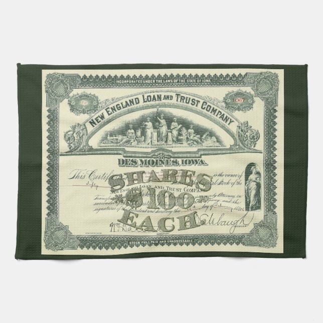 Vintage Capital Stock Certificate Business Finance Tea Towel (Horizontal)