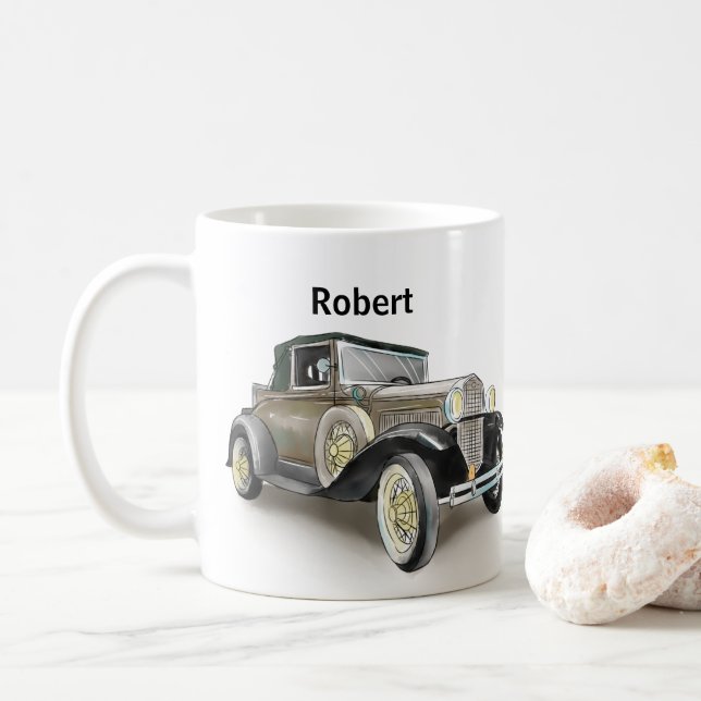 Vintage Car  - Add Name - Coffee Mug (With Donut)