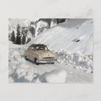 Vintage car advertising, winter scene postcard