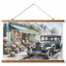 Vintage Car and Charming Flower Shop Watercolor