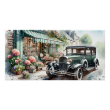 Vintage Car and Charming Flower Shop Watercolor