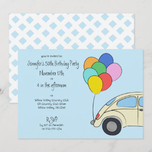 Vintage Car and Colourful Balloons Drawing Birthda Invitation