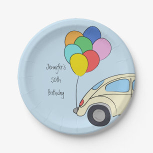 Vintage Car and Colourful Balloons Drawing Birthda Paper Plate