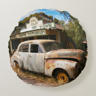 Vintage Car And Garage, Round Cushion