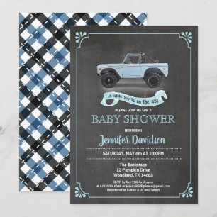 Vintage car baby boy shower inviation. Chalkboard. Invitation