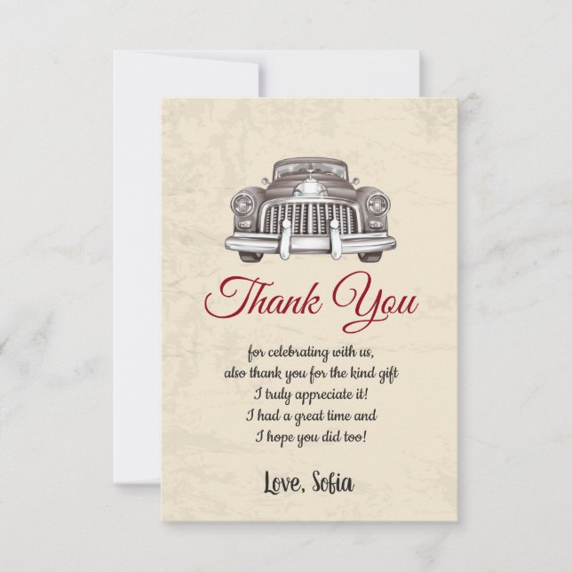 vintage car, birthday, baby shower, thank you card (Front)