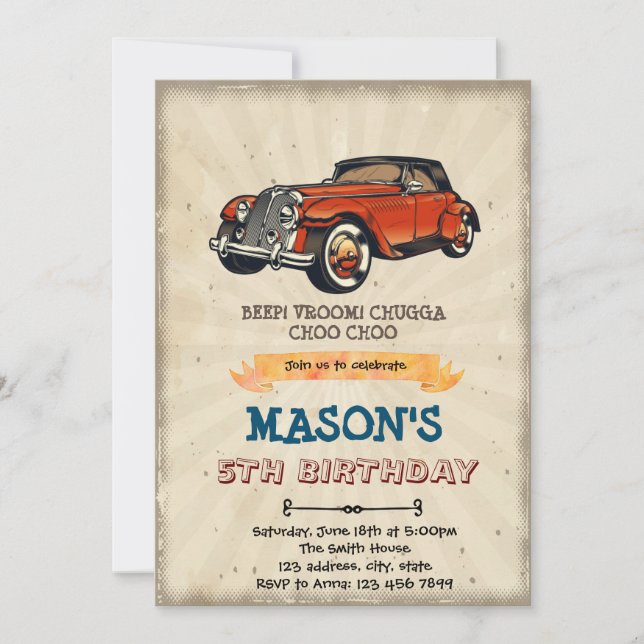 Vintage car birthday invitation (Front)